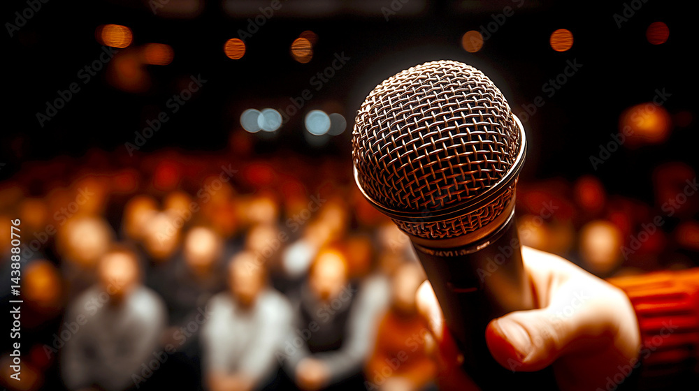 Poster Close up view of a microphone held in hand with blurred audience in the background for showcasing public speaking : Generative AI
