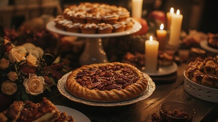 A table filled with autumn desserts like pecan pie, apple pie, and cinnamon rolls, with a background of cozy fall decor and warm candlelight 