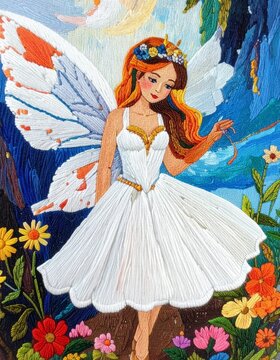 An embroidered depicting fairy princess, with colorful threads mimicking painterly brushstrokes, varied thread thickness for shading, and expressive textile textures on fabric.