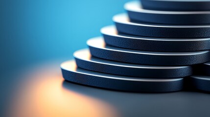 Closeup Of Stacked Dark Gray Metallic Discs With Blue Background