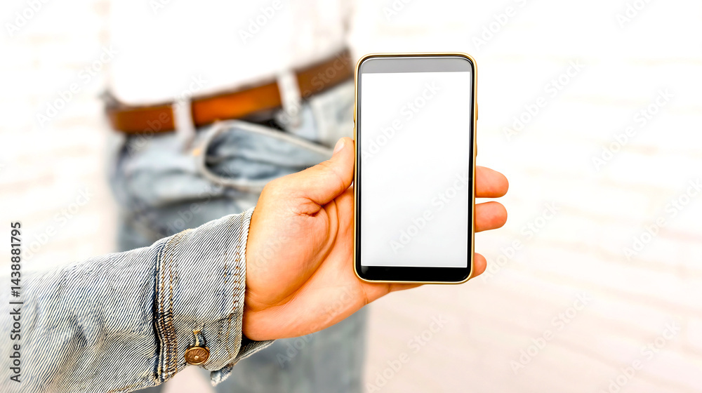 Poster person holding a smartphone with blank screen against a light wall for mobile display or app mockup 