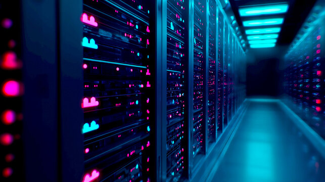 Futuristic data center with glowing server racks and colorful lights illuminating the technology environment : Generative AI