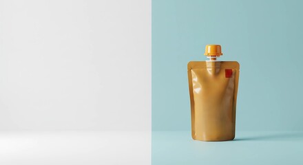 front view of a modern designed peanut butter squeeze pouch standing upright on a horizontal two-tone background