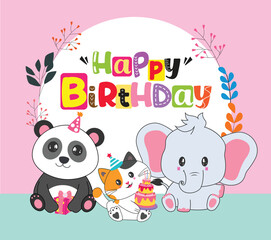 Obraz premium Happy birthday greeting clipart design. Colorful birthday text clip art in white circle with panda bear, cat and elephant animal characters in colorful flowers pink background vector illustration. 