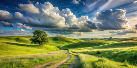 Fototapeta premium Serene Countryside Vista Rolling Green Hills, a Solitary Tree, and a Winding Dirt Road Under a Dramatic Sky