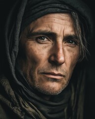 Close-up portrait of a man with a rugged appearance and striking green eyes