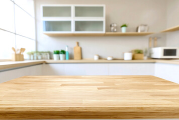 Fototapeta premium Modern kitchen interior with a wooden countertop and stylish decor emphasizing cleanliness and efficiency : Generative AI