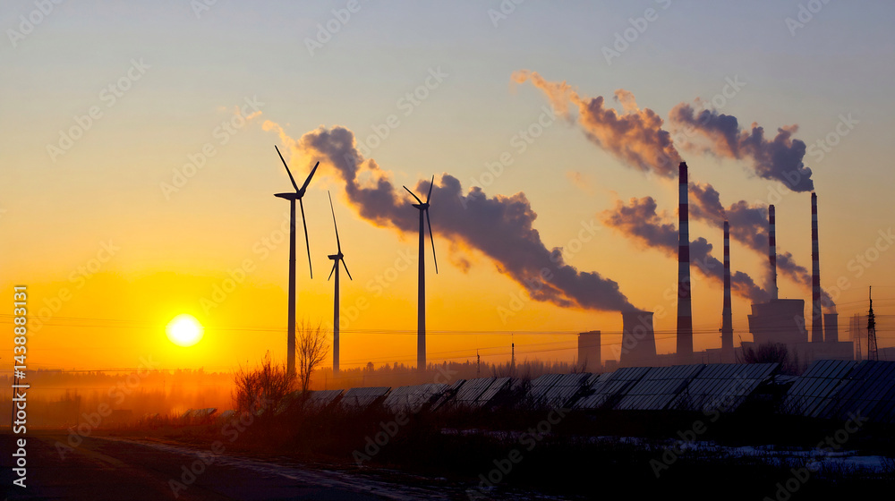 Poster sunrise over wind turbines and factories creating a beautiful yet contrasting industrial landscape :