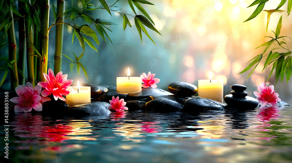 Poster serene natural setting with tranquil water candles flowers and bamboo creating a peaceful retreat at