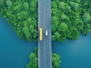 Highway spanning a tranquil waterway, surrounded by lush greenery.  A vibrant yellow truck and a white van are seen traversing the road