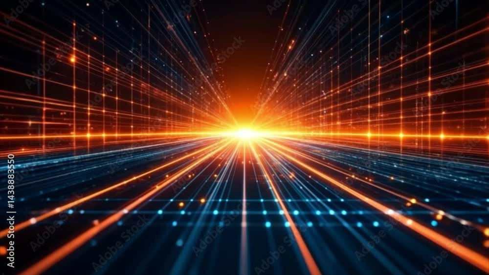 Poster abstract lights background A futuristic digital landscape filled with glowing lines and grids. T this high-tech environment,a seamless loop motion.