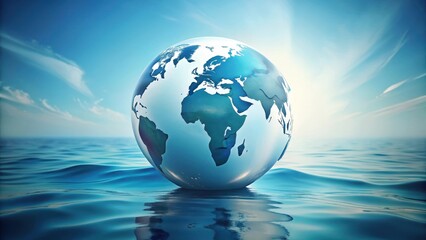A serene globe rests gently on calm ocean waters, under a brilliant, clear sky, symbolizing global unity and environmental harmony.
