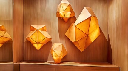 Geometric light fixtures of warm wood in a display area.
