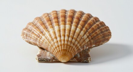 Obraz premium Detailed Scallop Shell Close Up with Striped Texture on White Background