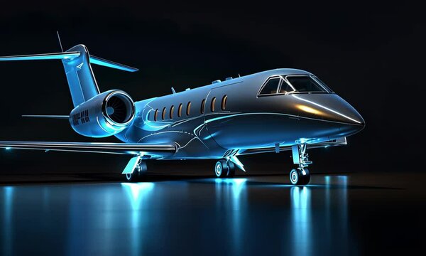 Illuminated jet on glossy surface showcasing modern aviation design at night