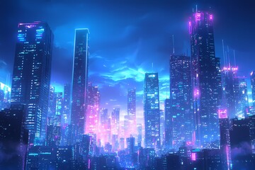 Obraz premium Futuristic city skyline at night glowing neon lights illuminating skyscrapers vibrant synthwave aesthetic digital art