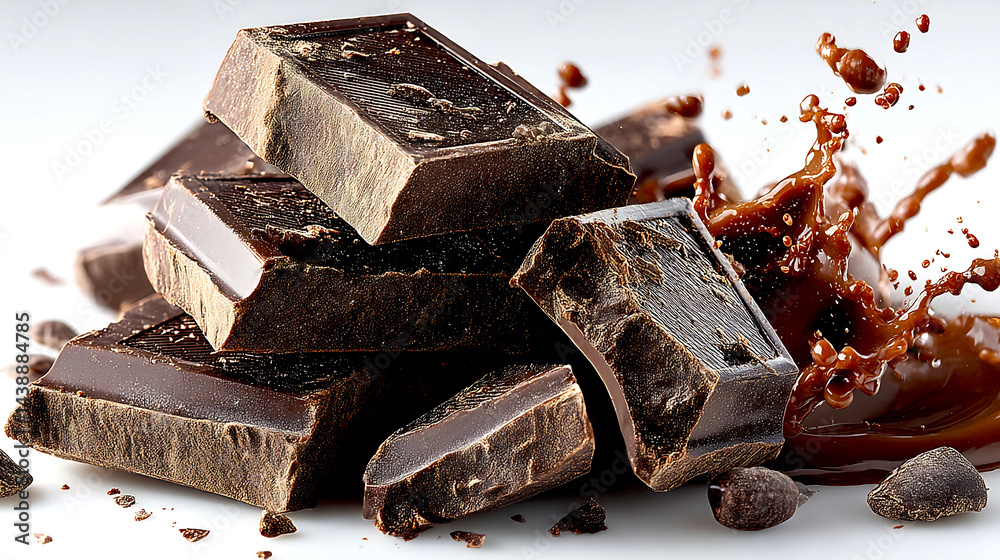 Poster delicious dark chocolate pieces piled with melting cocoa splashes creating an enticing sweet treat i