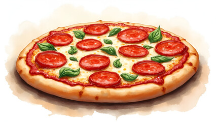 Watercolor Style Pepperoni Pizza with Basil