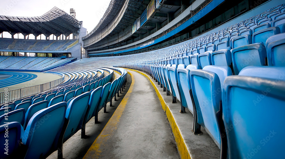 Poster a wide angle view of empty stadium stands with blue seats and an inviting pathway leading forward : 