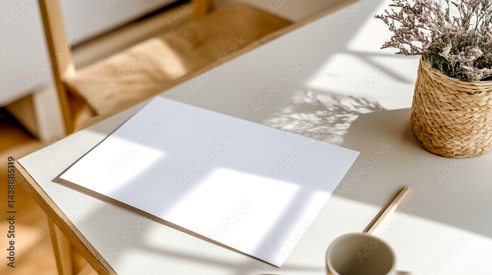 Poster Minimalist workspace featuring a blank sheet of paper on a serene desk with sunlight streaming in : Generative AI