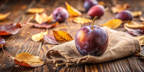 Autumnal Still Life A Single Plum Rests on Rustic Burlap Amidst Fallen Leaves on a Weathered Wooden Surface