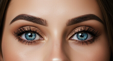 Fototapeta premium Captivating Eyes: Stunning Blue Eyes, Gold Eye Makeup, & Perfect Brows for Beauty & Glamour Looks.