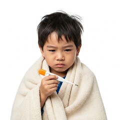 Sick Little Boy Wrapped in Blanket with Thermometer