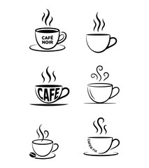 Obraz premium Coffee cup icons, minimalist black and white designs, steam rising, various cup shapes, simple line drawings, cafe logo concepts, hot beverage symbols, monochrome illustrations, coffee shop