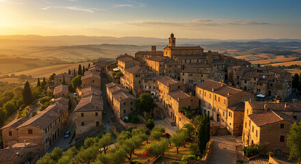 Obraz premium Historic ancient charming hilltop Tuscan town with golden warm sunlight illuminating medieval architecture and rolling hills, concept for European travel, cultural tourism and architectural heritage
