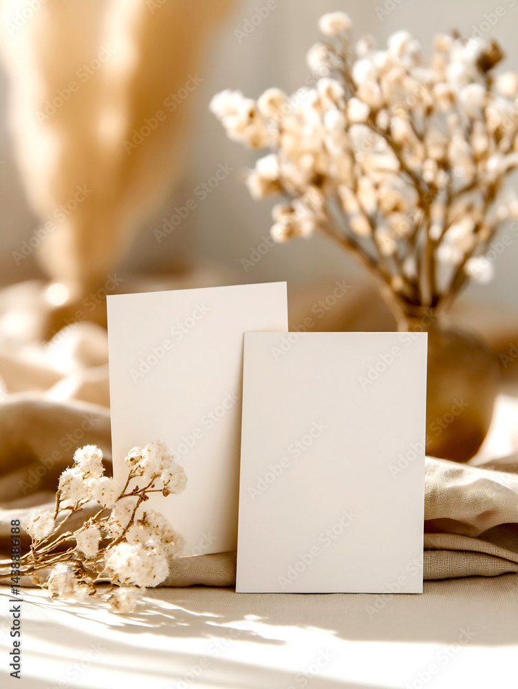 Poster elegant blank cards displayed beside delicate dried flowers in a beautiful natural light setting : g