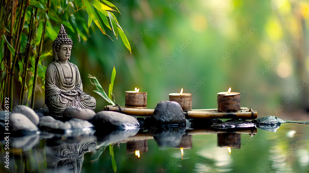Poster tranquil buddhist statue surrounded by greenery and peaceful candles by calm waters : generative ai