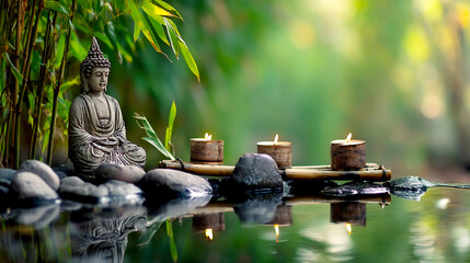 Tranquil Buddhist Statue Surrounded by Greenery and Peaceful Candles by Calm Waters : Generative AI