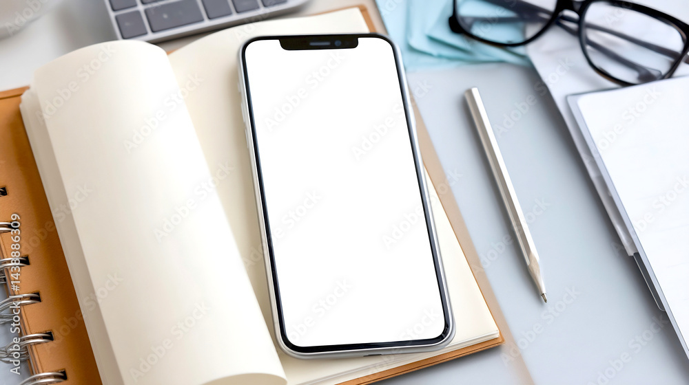 Poster minimalist workspace desk setup with blank smartphone and notepad for creative inspiration and plann