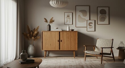 Living Room Interior with Cabinet, Chair, and Neutral Decor