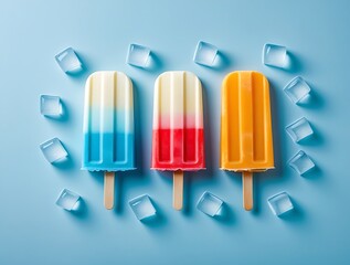 Colorful summer popsicles with ice cubes on yellow and blue background, bright frozen treats creating a vibrant and refreshing visual composition perfect for seasonal design

