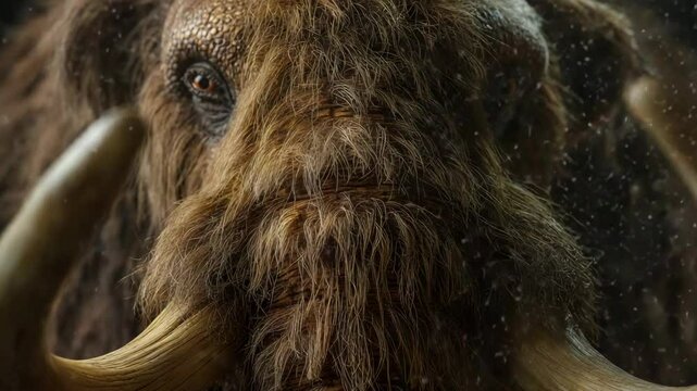 Close up shot of hairy mammoth face showing fur texture and eye with large curved tusks against dark background and light snowfall