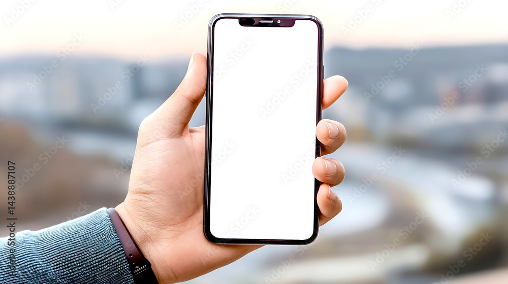 Poster user holding modern smartphone with blank white screen for app development and advertising purposes 