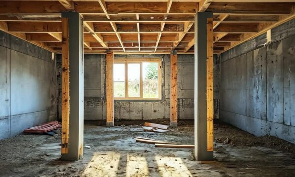 Construction progression: sunlit wooden framing in concrete basement with window