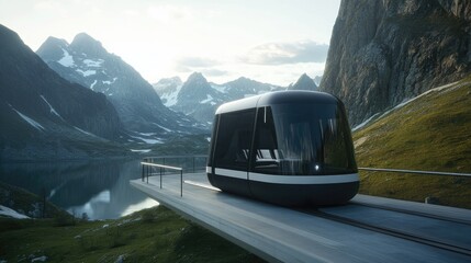Modern, futuristic transportation vehicle on a scenic mountain fjord.