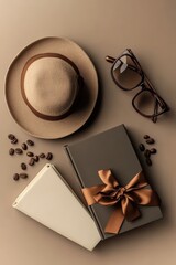 Stylish accessories arranged on a beige background.  A beige hat, brown sunglasses, a dark gift box with a ribbon, and a cream-colored notebook sit amidst coffee beans