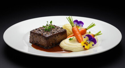 Gourmet Steak Delight: Pepper-Crusted Beef with Mashed Potatoes & Glazed Carrots, A Culinary Art on a Plate - Fine Dining Experience