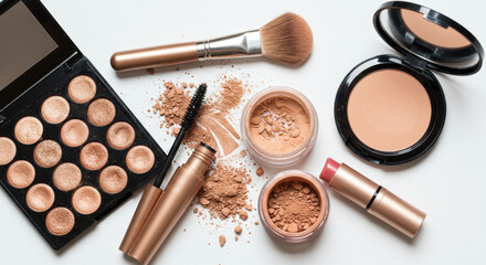 Makeup Essentials: Eyeshadow Palette, Brush, Mascara, Lipstick, and Powder - Beauty Products for a Flawless Look!