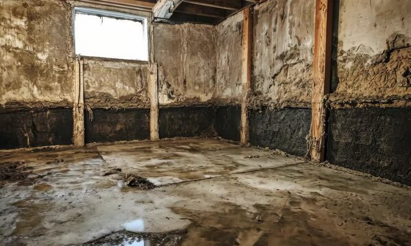 Exploring a dilapidated basement with cracked walls and sunlight filtering through window