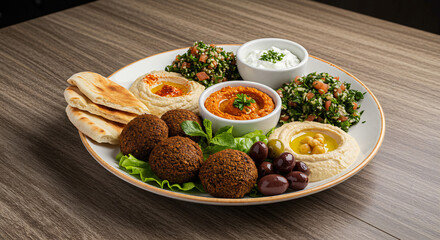 Vibrant Lebanese Mezze Platter with Falafel, Hummus, Tabbouleh, Pita Bread, and Olives