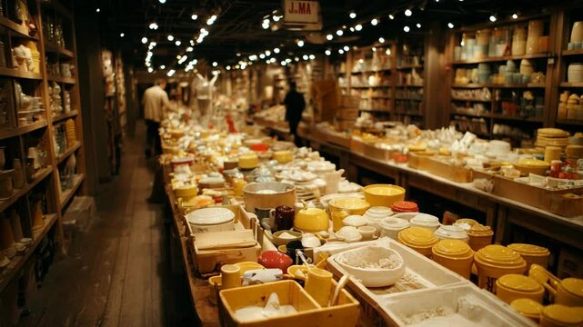 Exploring a vast indoor antique market brimming with vintage pottery, ceramics, dishes, and kitchenware arranged on long wooden tables and shelves.