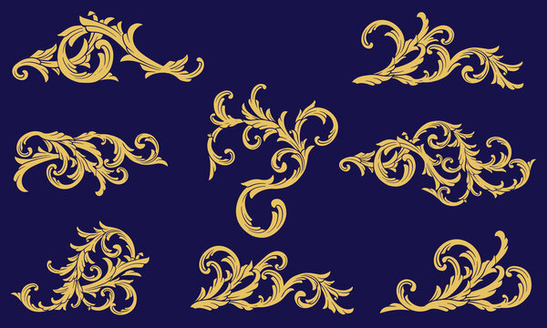 Set golden baroque border frame ornament. Luxury art deco floral element, Flourish filigree ornamental vector illustration.
