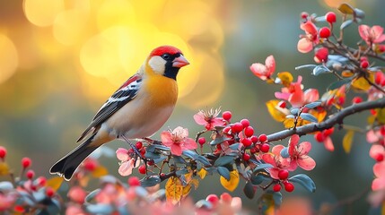 Colorful bird perched on flowering branch, sunset bokeh