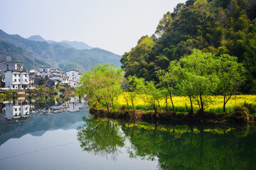 Serene Mountain Village Reflecting on a Calm Pond
