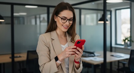 A smiling woman in a blazer and glasses using a red smartphone in an office space