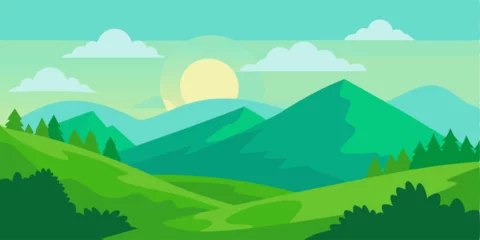 Gordijnen Stunning Hilltop View of Green Valleys During Summer Vector Illustration © falgunirani